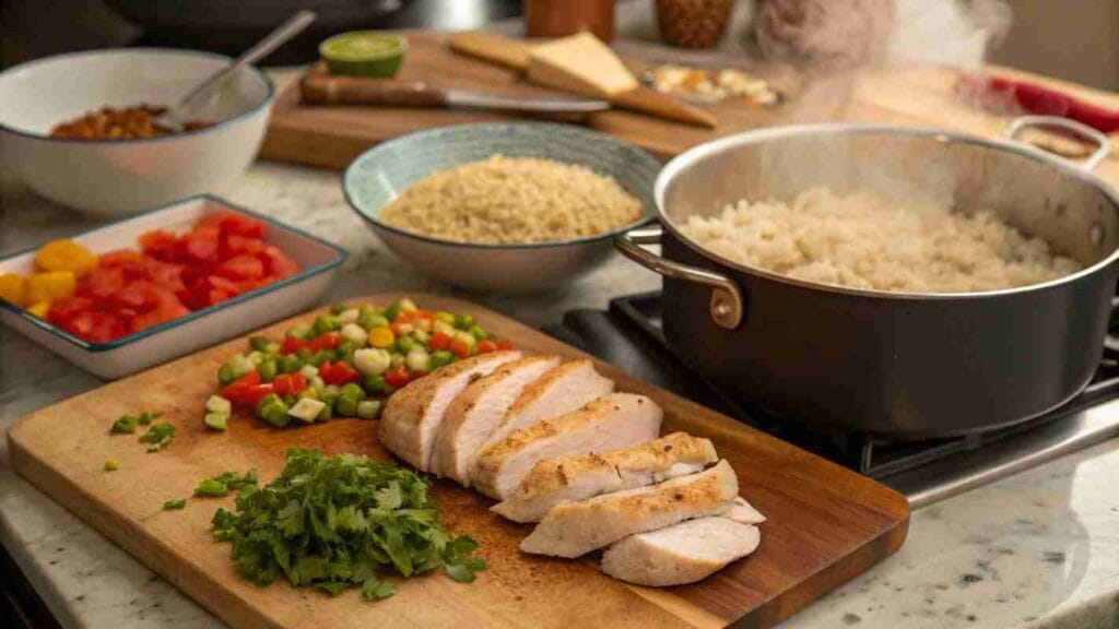 Arroz con pollo ingredients: chicken, vegetables, cilantro, and rice on a kitchen counter.
