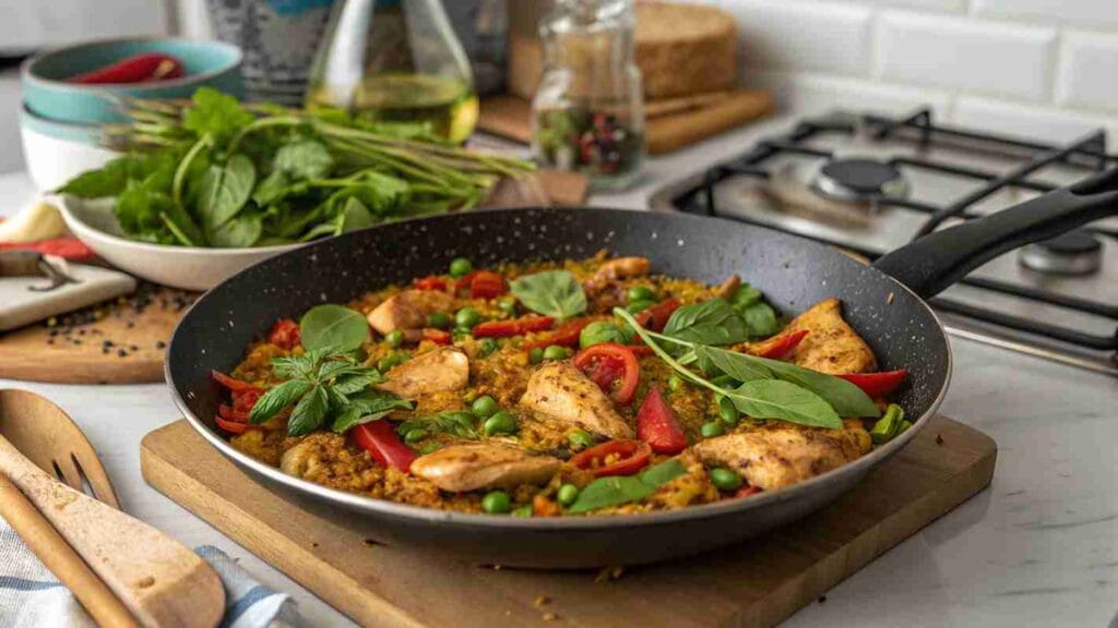 Arroz con pollo with chicken, peppers, peas, and basil on a wooden board.
