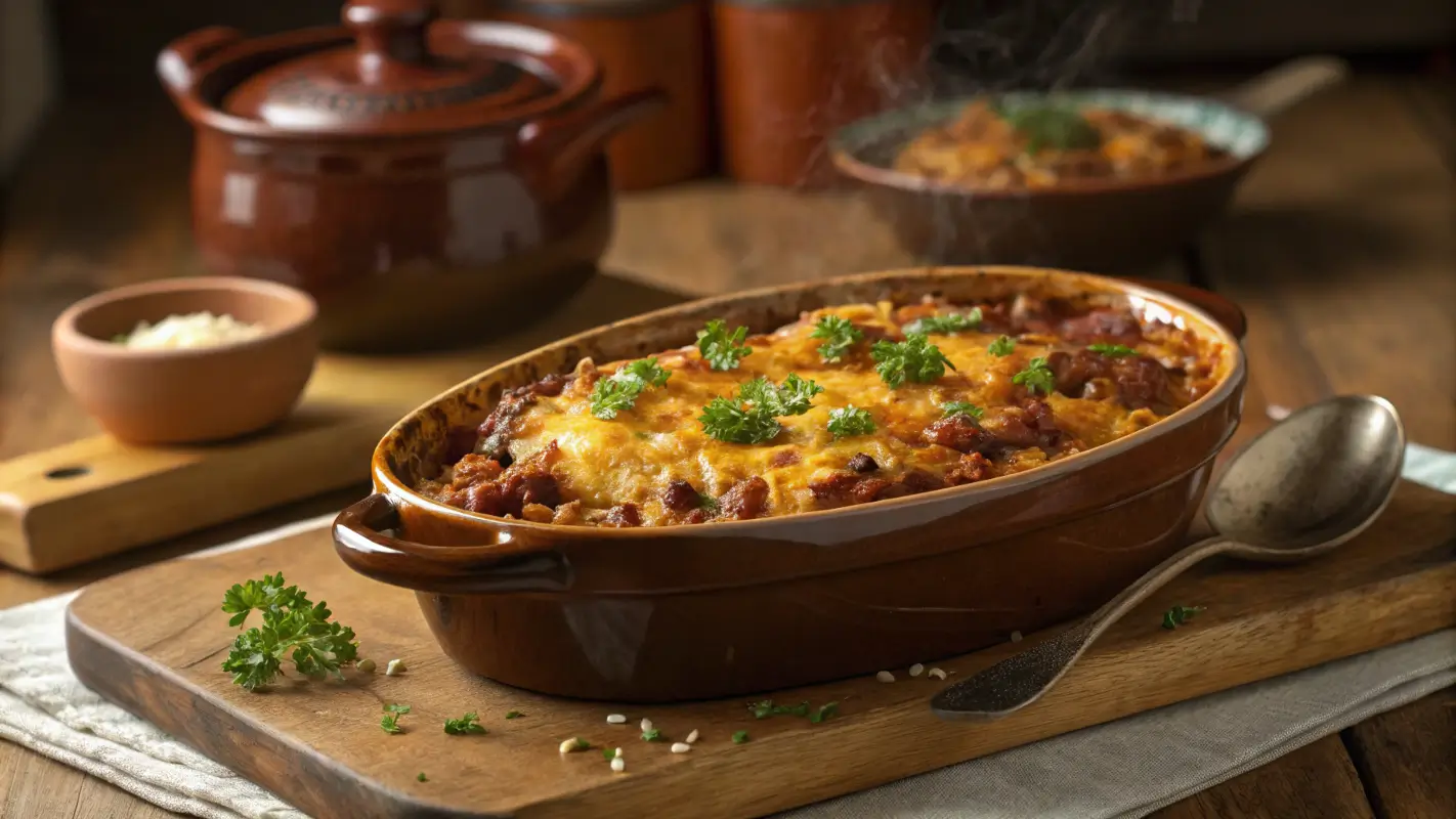 Hot Dog Casserole in a rustic baking dish with melted cheese.