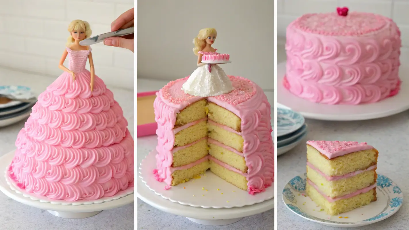 Step-by-step process of making a Barbie Cake, from stacking layers to decorating