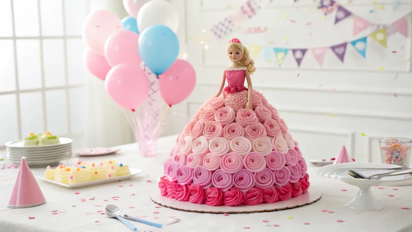 A vibrant Barbie Cake with pink ombre frosting on a festive table.