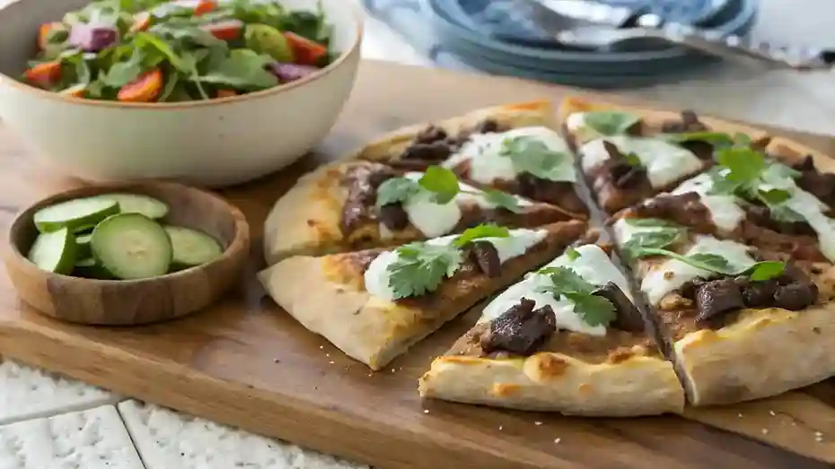 Sliced beef pizza served with cucumber salad and roasted vegetables on a rustic wooden board.