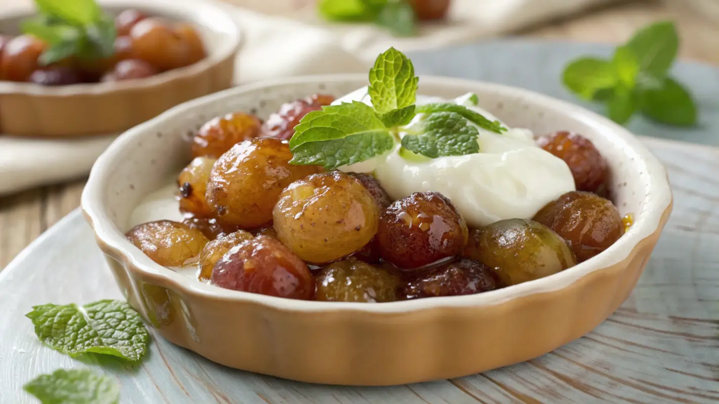 A close-up of caramelized grapes topped with sour cream.