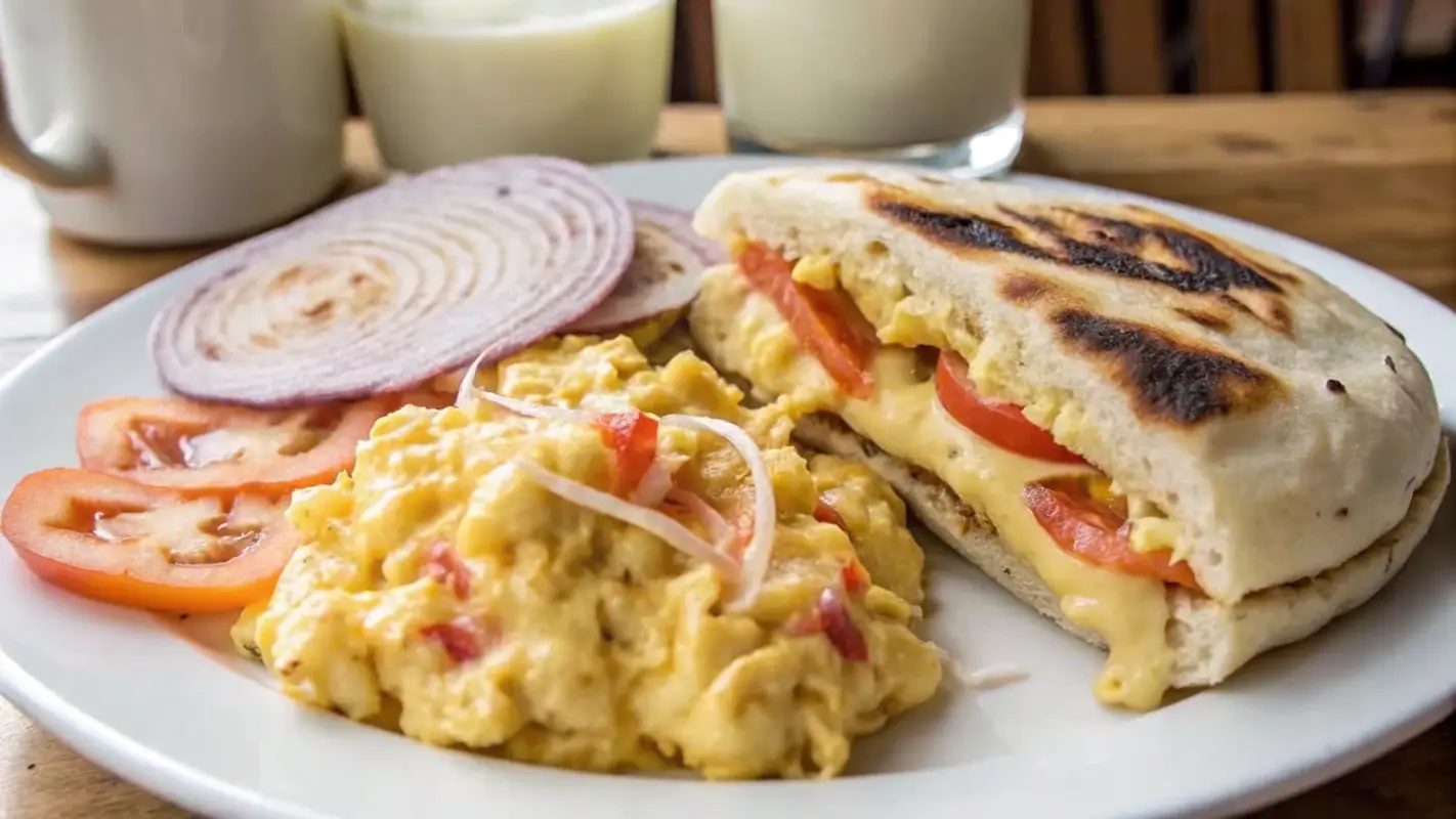 A close-up of a cheesy arepa cut open with a side of fluffy huevos pericos on a rustic plate.
