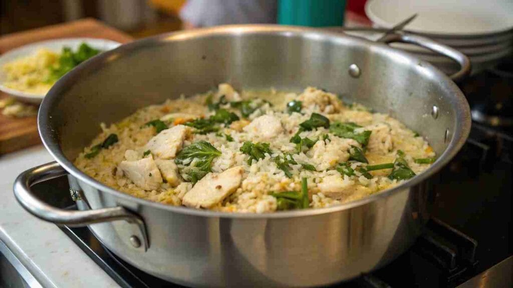 Close-up of a pot with arroz con pollo ingredients simmering together.