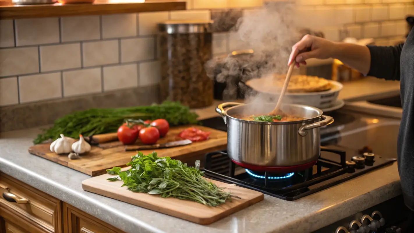 A pot of simmering con pollo being stirred on a cozy kitchen stove