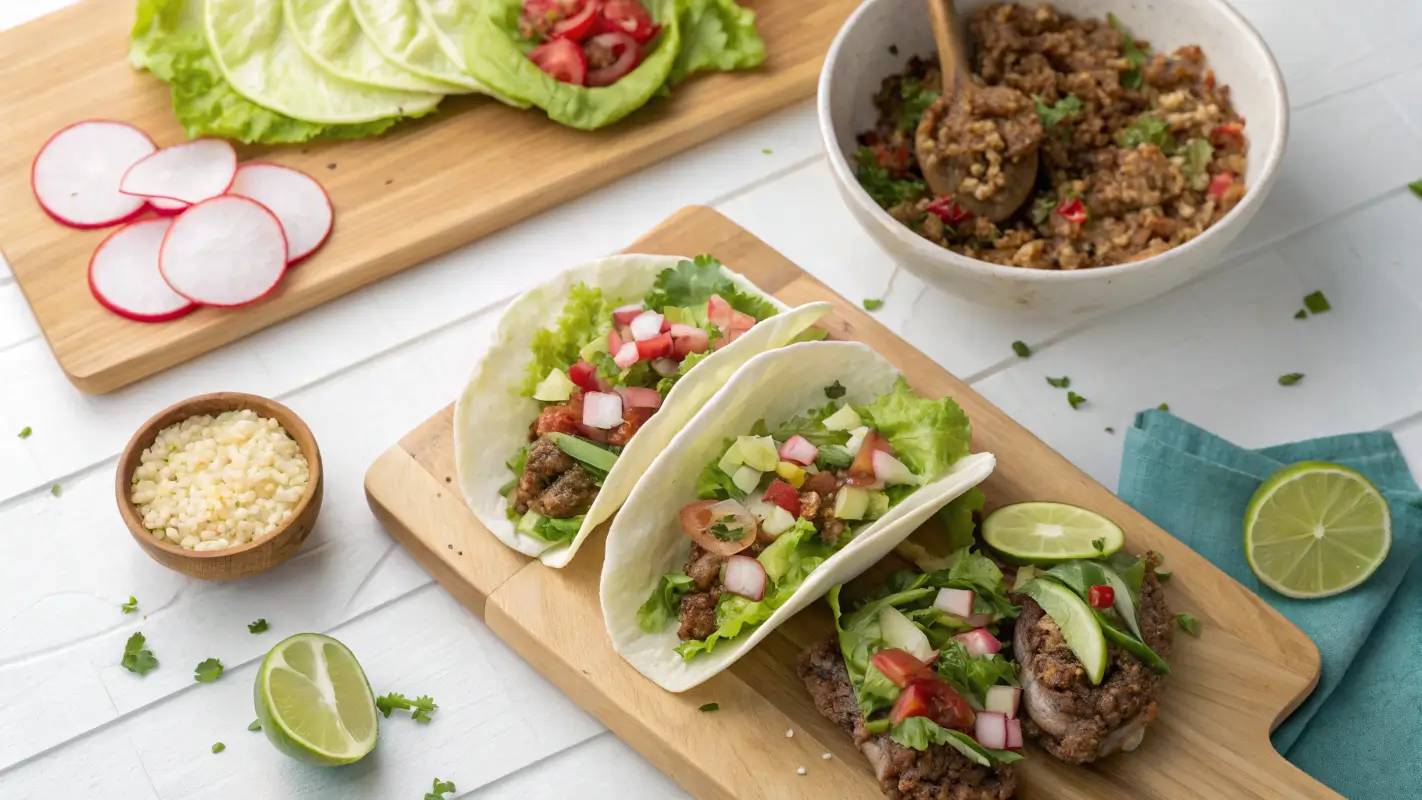 Variations of carnitas tacos, including lettuce wraps and taco bowls, with fresh garnishes.