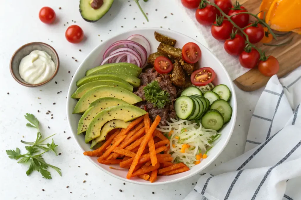 Assorted toppings for healthy burger bowls