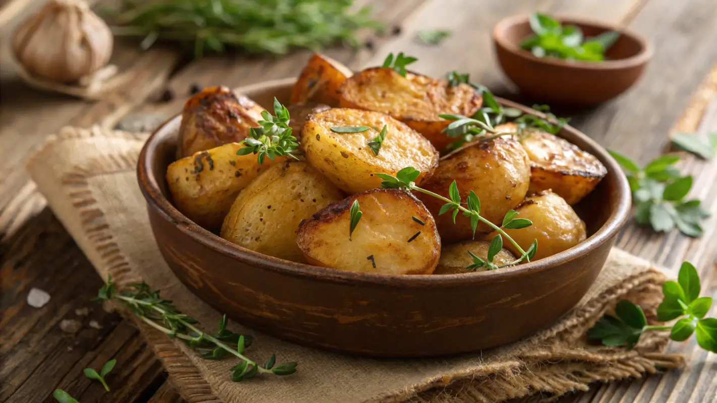 Crispy roasted potatoes garnished with fresh herbs on a wooden table.