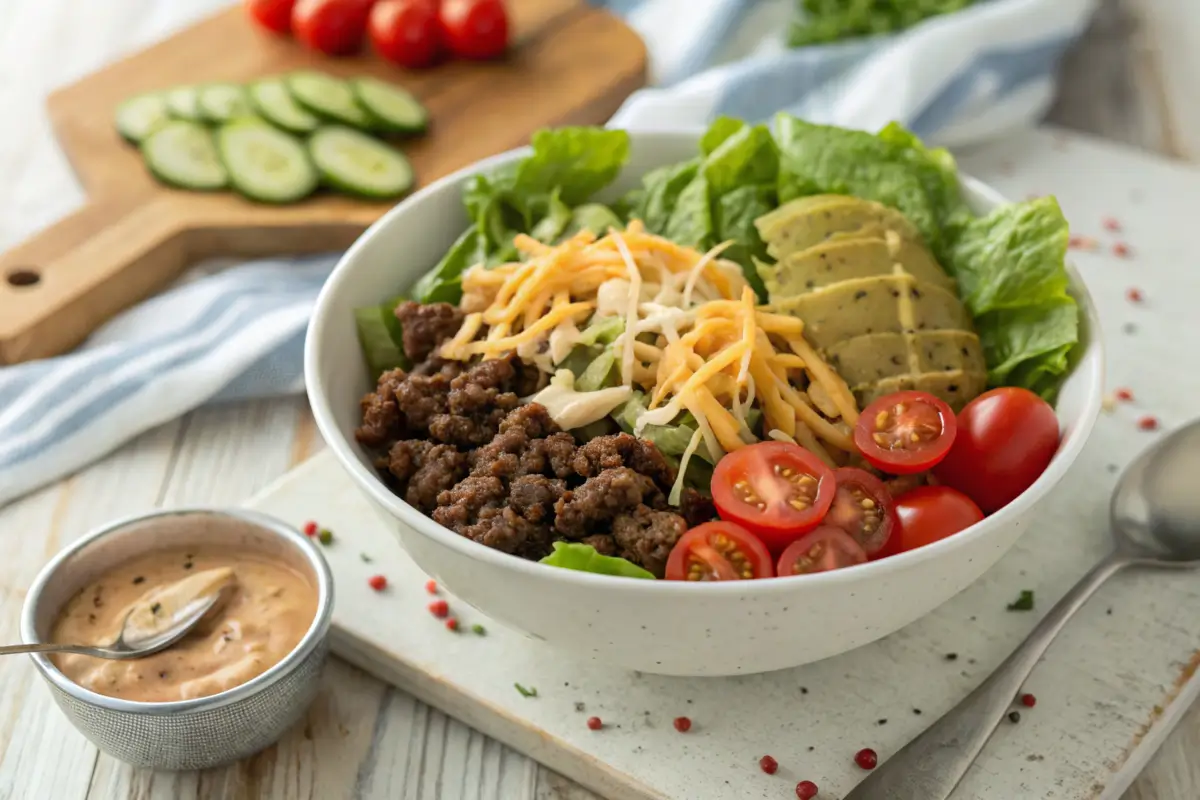 Vibrant burger bowl with fresh ingredients and special sauce