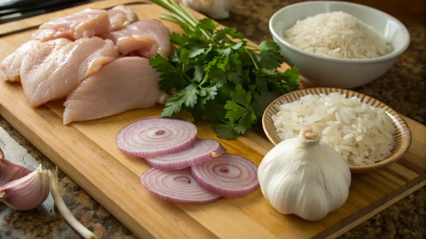 A wooden cutting board with raw chicken, garlic, onions, rice, and fresh parsley