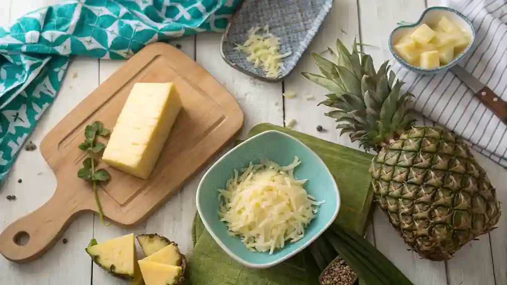  Flat lay of pineapple casserole ingredients on a wooden table.