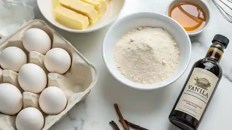 Vanilla cookie ingredients: flour, eggs, butter, vanilla extract.