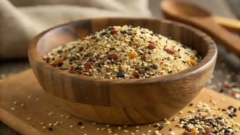 Close-up of everything bagel seasoning in a bowl