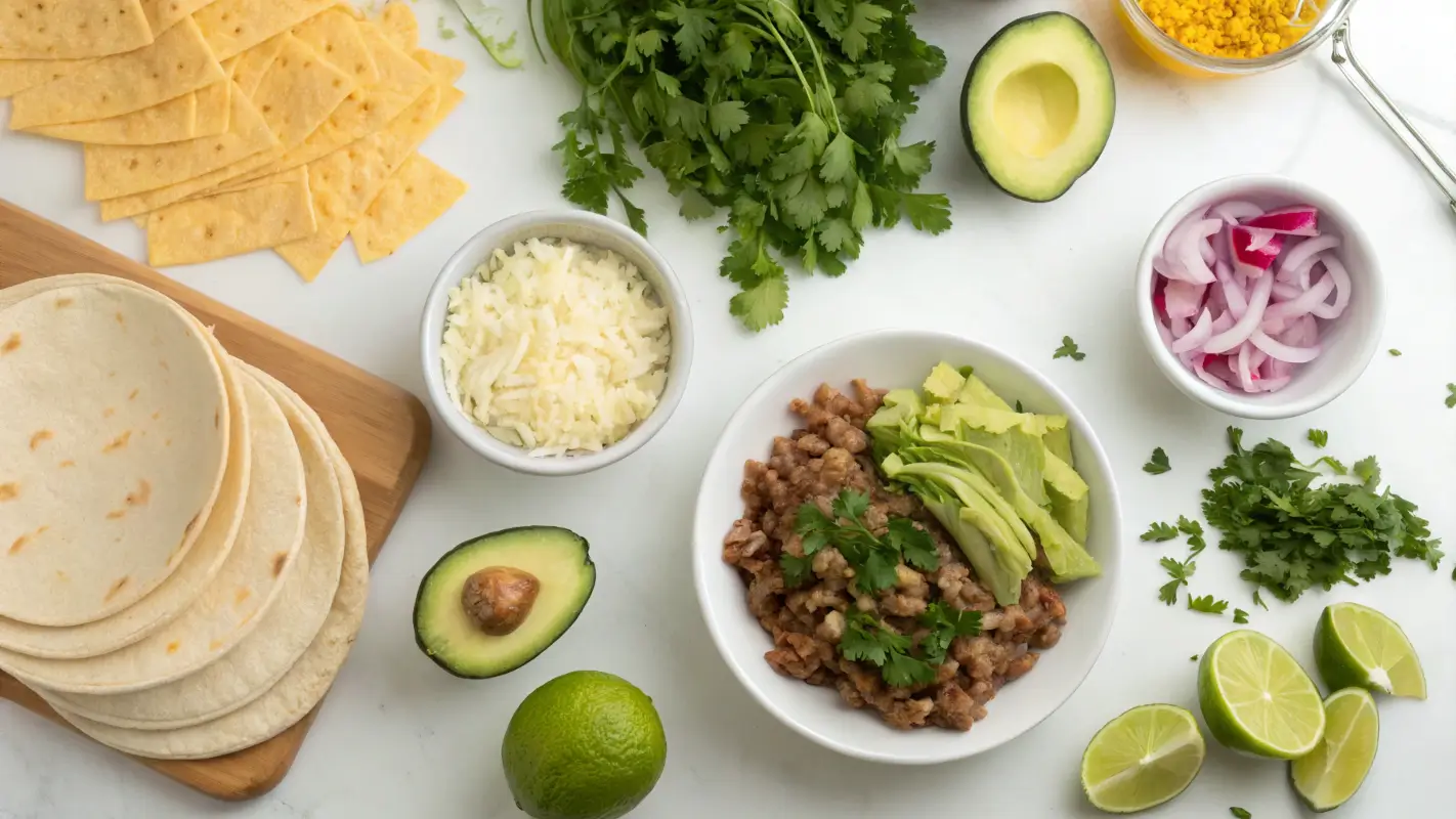 Carnitas ingredients: mango, avocado, tortillas, cheese, and spices on a clean background.