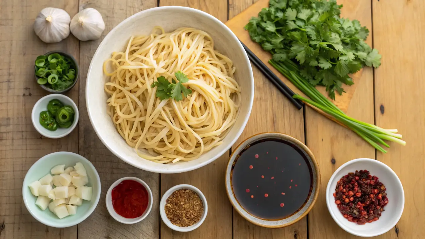 Garlic Chili Oil Noodles: noodles, chili oil, cilantro, garlic, jalapeños, and spices.