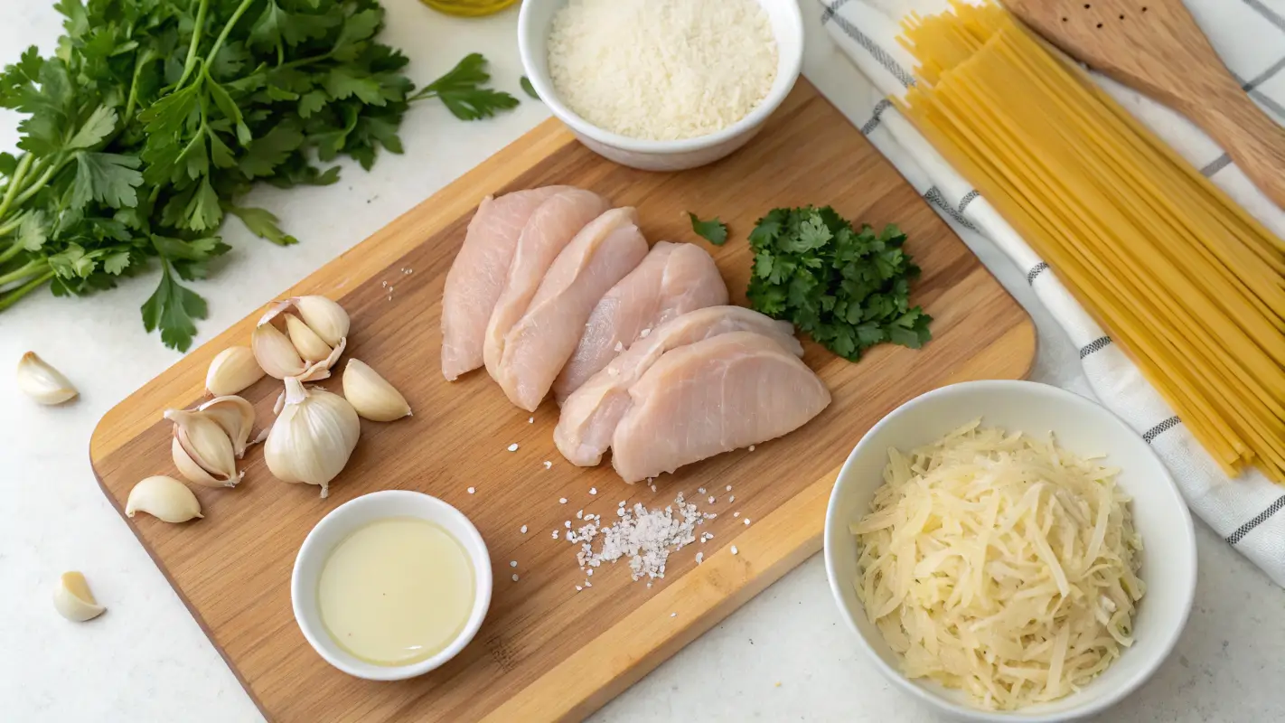 Garlic Parmesan Chicken Pasta ingredients: chicken, garlic, Parmesan, and parsley.