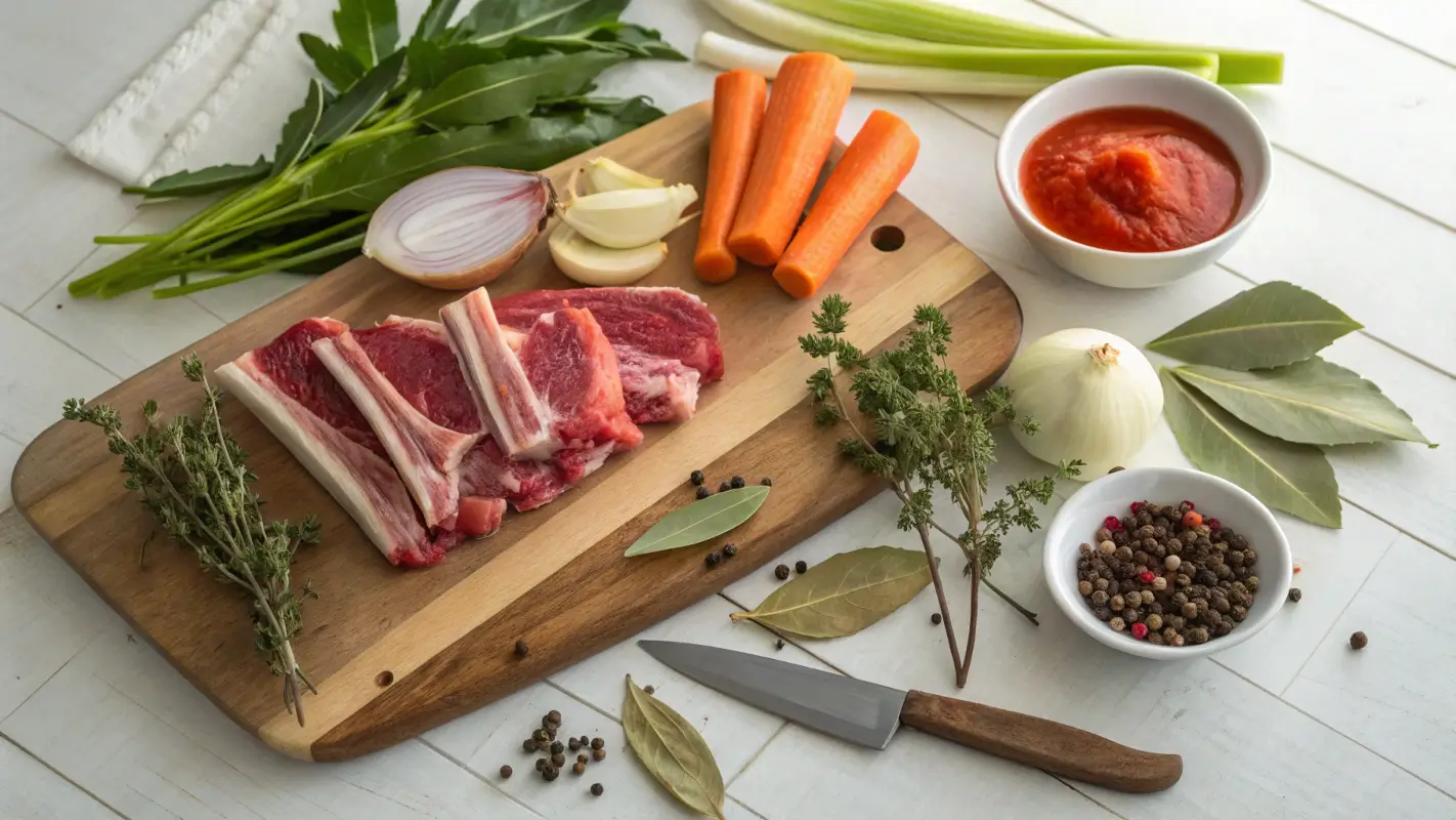 Meat stock ingredients: bones, carrots, celery, garlic, herbs on a wooden board.