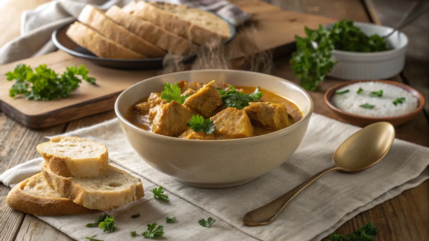 A bowl of golden meat stock garnished with parsley and served with fresh bread on a rustic table.