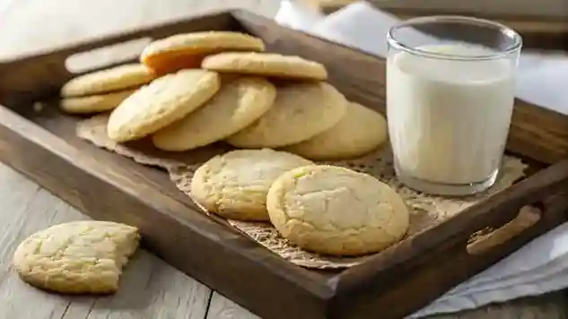 Freshly baked vanilla cookies with golden edges and a soft, chewy center on a rustic wooden tray