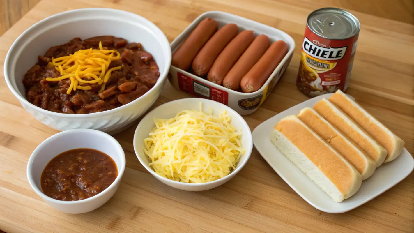 Ingredients for chili dog casserole spread out on a countertop.