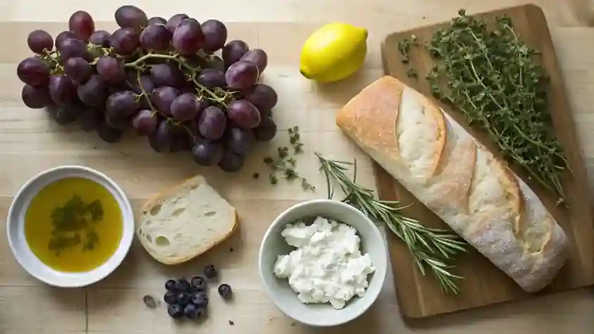 Burnt grapes ingredients: grapes, sourdough, ricotta, thyme, garlic, lemon, oil, honey.