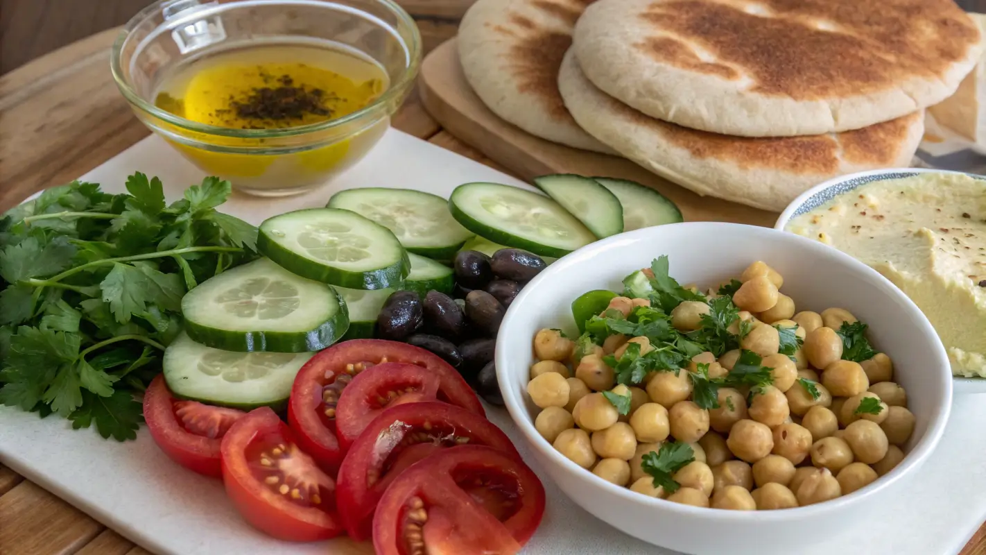 Traditional Arab breakfast: pita bread, olive oil, chickpeas, and fresh vegetables.