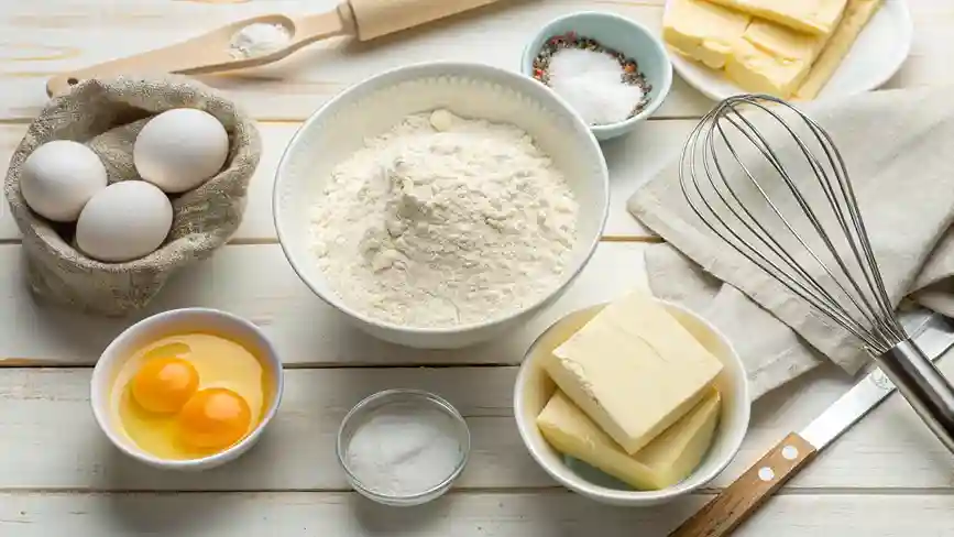 Pancake muffin ingredients—flour, buttermilk, butter, eggs, and sugar—on a wooden table.