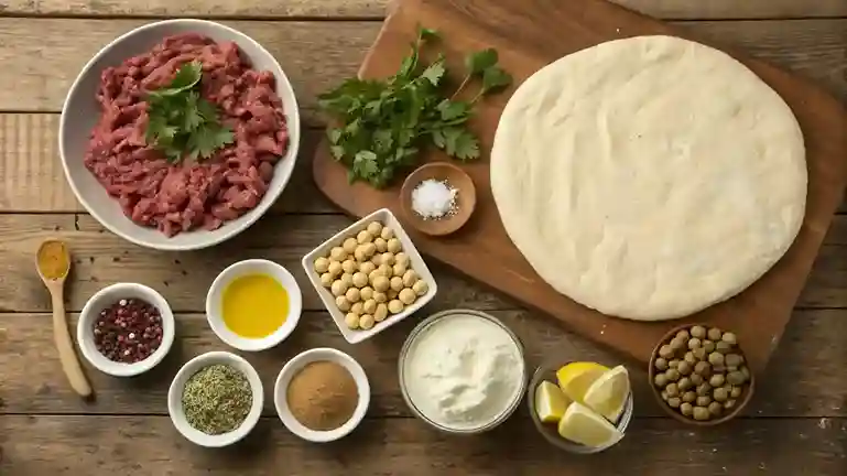 Beef pizza ingredients: dough, beef, spices, hummus, chickpeas.