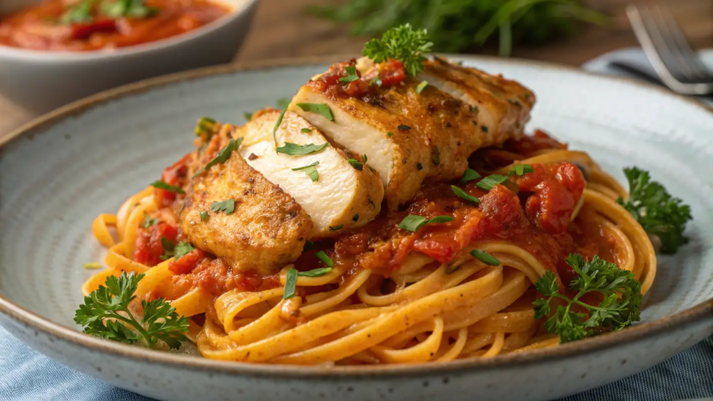 Close-up of Pasta con Pollo with chicken and fresh herbs.