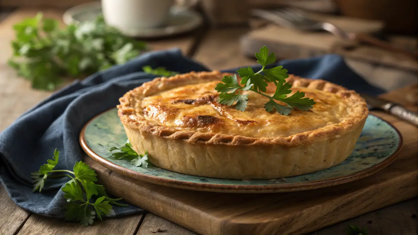 Golden brown potato pie with parsley garnish.