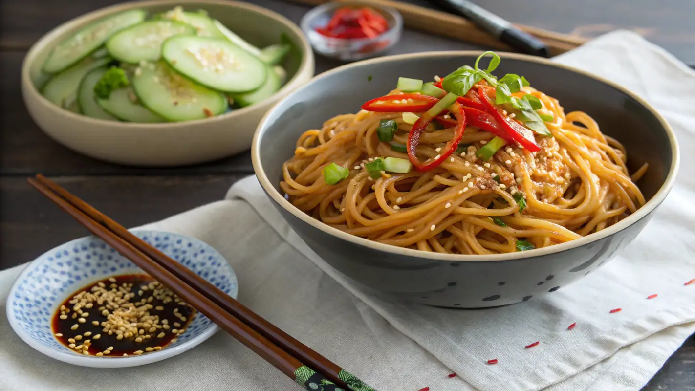 A bowl of Garlic Chili Oil Noodles served with a side of cucumber salad and chopsticks.