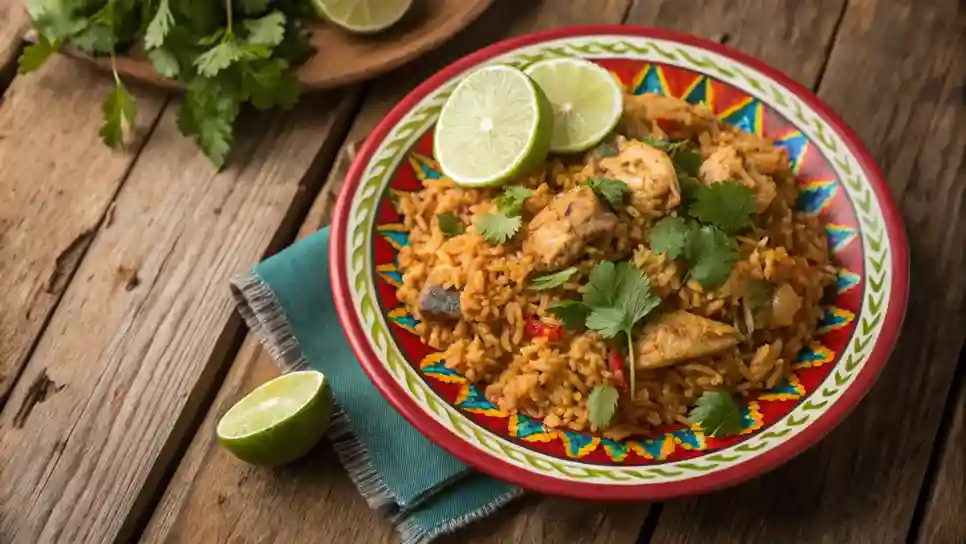 A plate of Colombian arroz con pollo garnished with cilantro and lime.