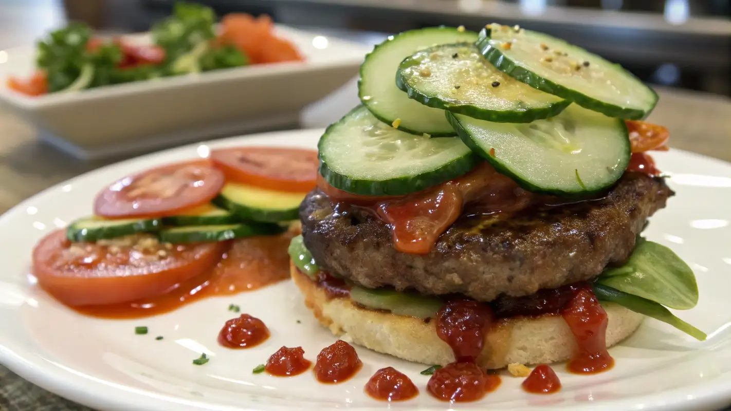 A close-up of a cucumber salad hamburger with fresh cucumber slices and tomato dressing.