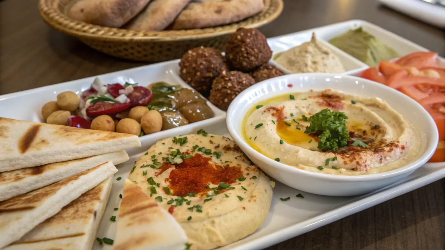 Traditional Arab breakfast with hummus, labneh, foul, and fresh veggies.