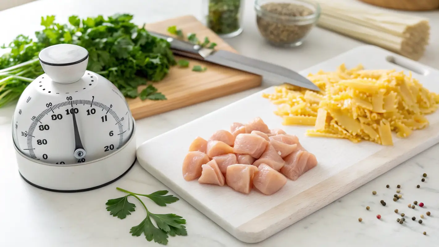 Kitchen timer with ingredients for Garlic Parmesan Chicken Pasta on a cutting board.