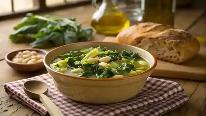 escarole and bean soup on a rustic wooden table with bread and a spoon nearby.