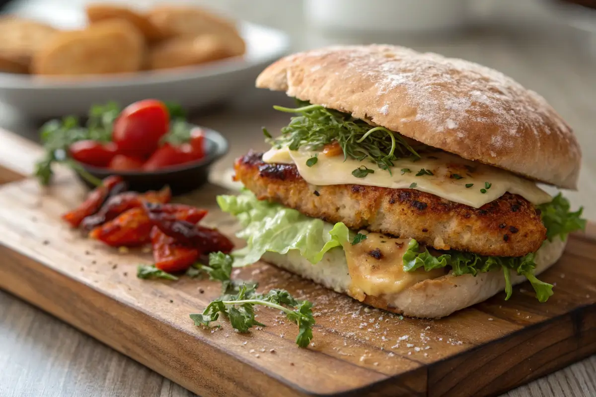 Chicken cutlet sandwich with roasted red peppers and provolone on a ciabatta roll.