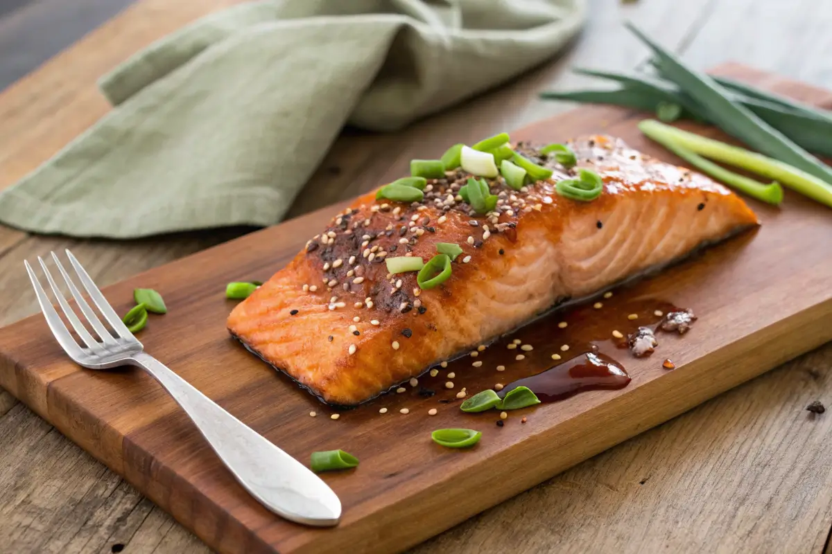 A finished soy-free Asian salmon fillet on a cutting board with scallions and sesame seeds.