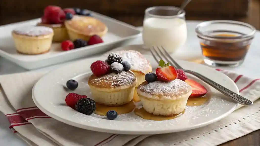 Pancake muffins with powdered sugar, berries, and maple syrup in a cozy breakfast setting.