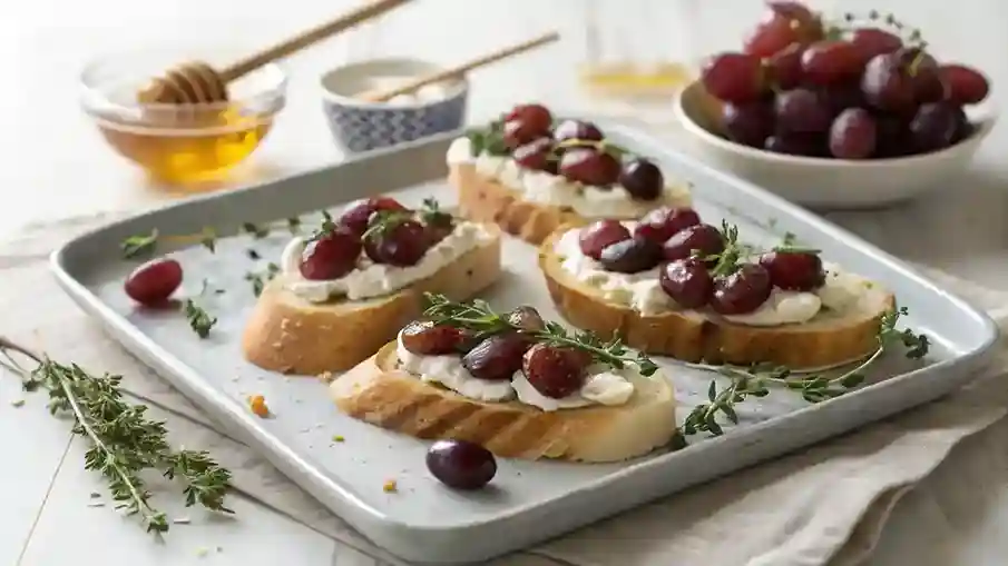 Crostini with sour cream, roasted grapes, thyme, and honey on a rustic serving tray.