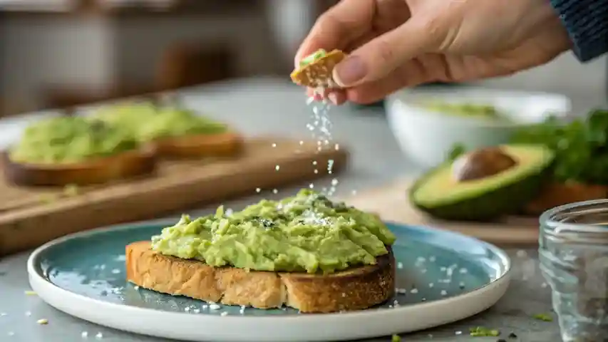 Hand sprinkling flaky sea salt over avocado toast.