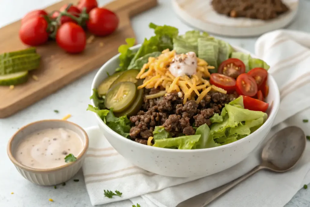 Ground beef cooking in a skillet with fresh toppings nearby