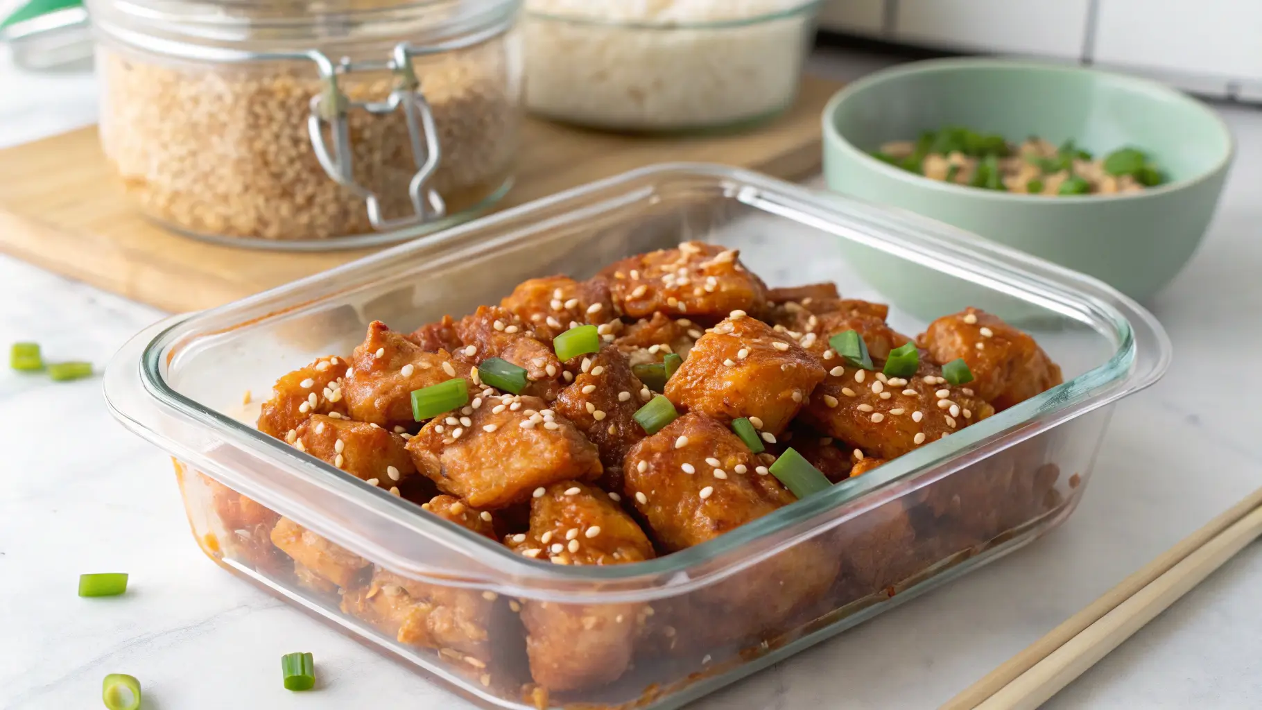  Leftover Mandarin Chicken stored in a glass container for refrigeration.