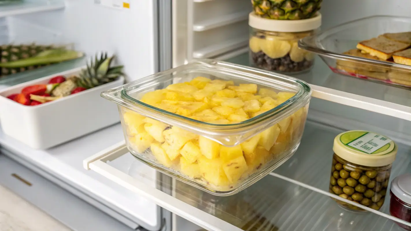 Leftover pineapple casserole stored in a glass container.