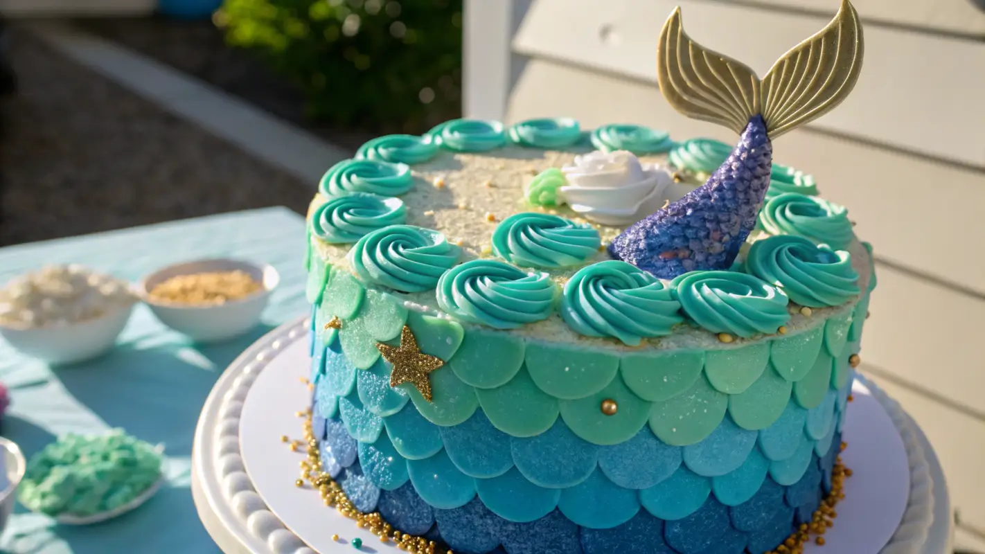 A vibrant mermaid cake with blue and green scales and a glittering mermaid tail topper.