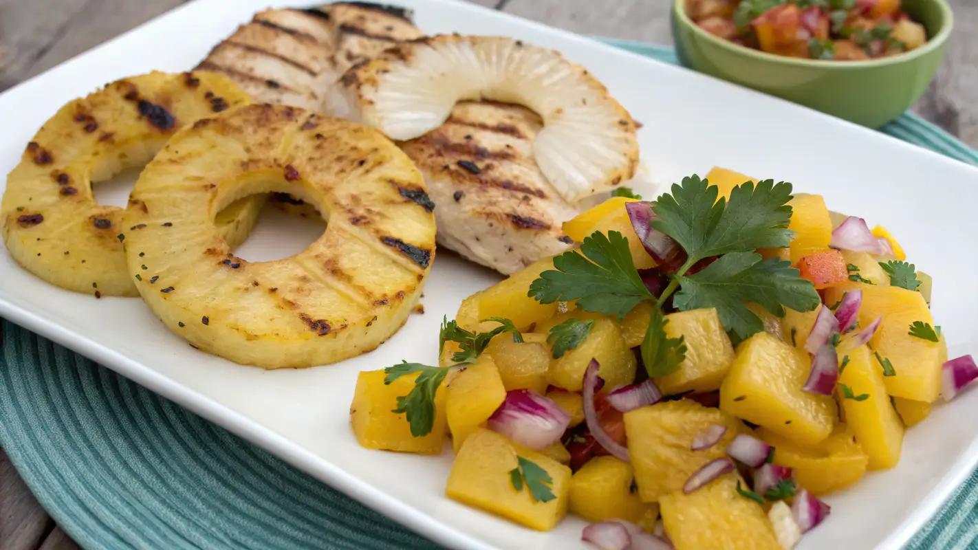 rilled pineapple rings and mango salsa with cilantro and grilled chicken.