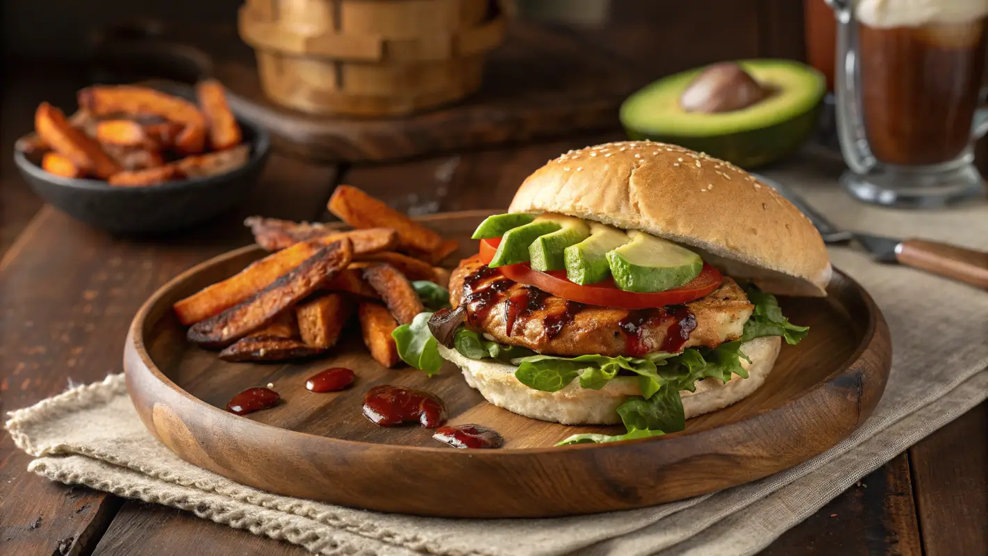  A fully assembled chicken sandwich with toppings and a side of sweet potato fries on a wooden plate.