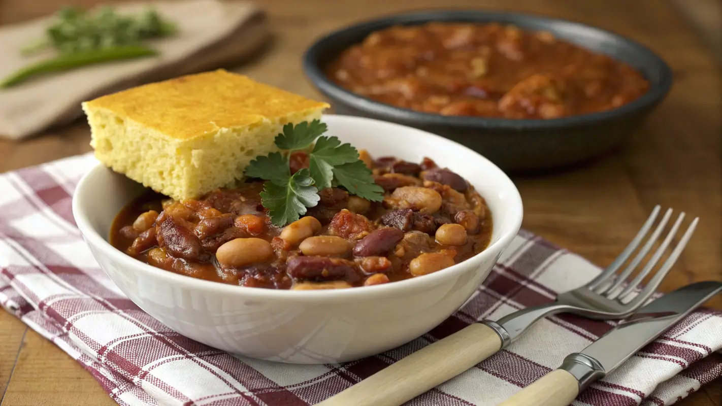 A bowl of thickened calico beans served with cornbread and garnished with parsley.