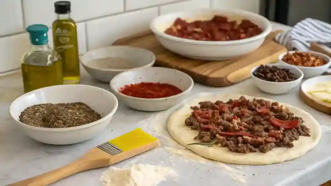 Bowls of toppings like za'atar and sumac, olive oil, and pre-prepped dough for beef pizza.